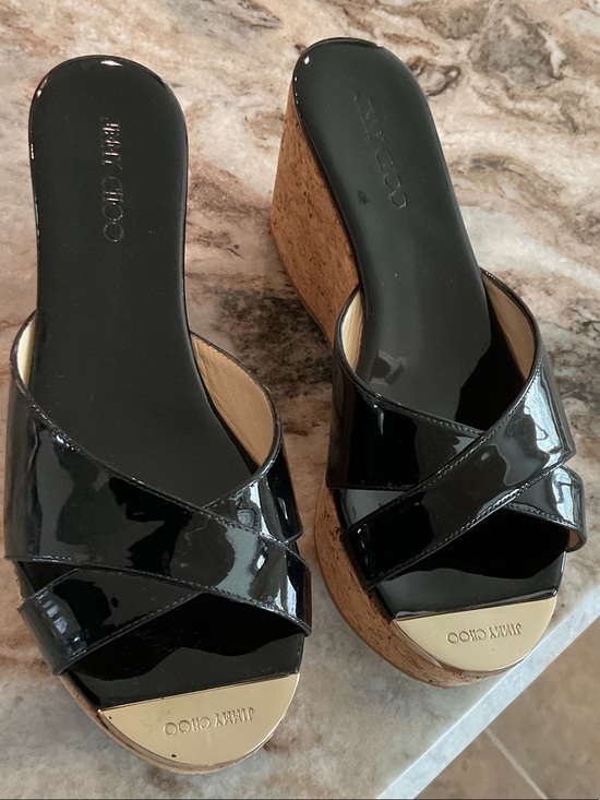 Jimmy Choo Shoes - JIMMY CHOO PAtent Prima cork wedge sandals, black, size 38.5